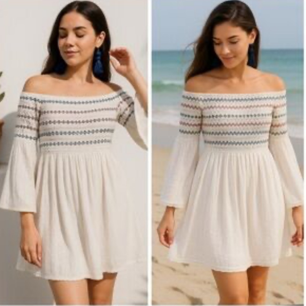 FARM Rio Smocked Off-Shoulder White Dress with Pastel Stripes - Picture 3 of 12